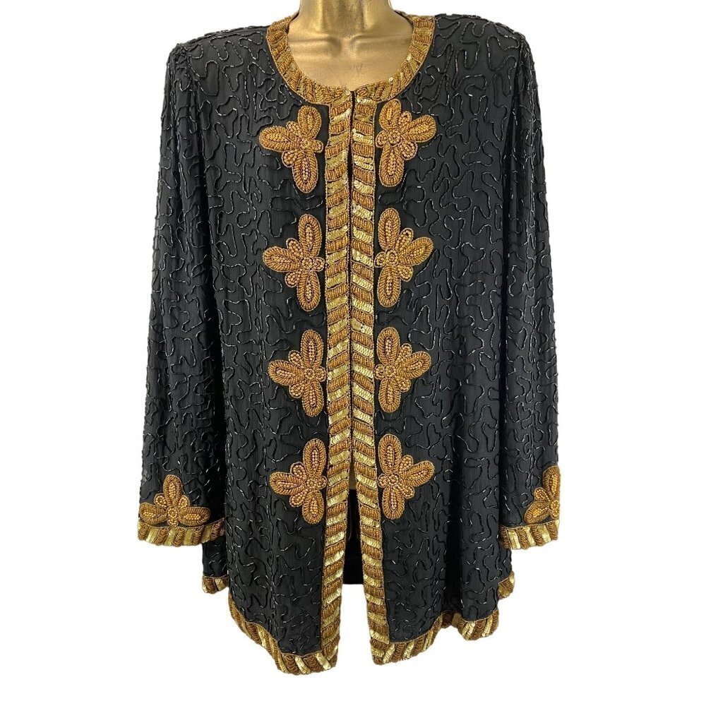 Vintage Laurence Kazar Heavy Sequined Silk Gold Black Evening Jacket XL Military